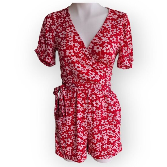 Madewell Red/White Daisy Wrap Romper Size 2 - Picture 2 of 14